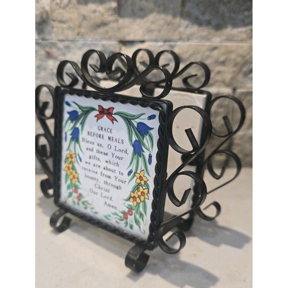 VTG Grace Before Meal Prayer Trivet Wrought Iron Napkin‎ Holder Ceramic Tile